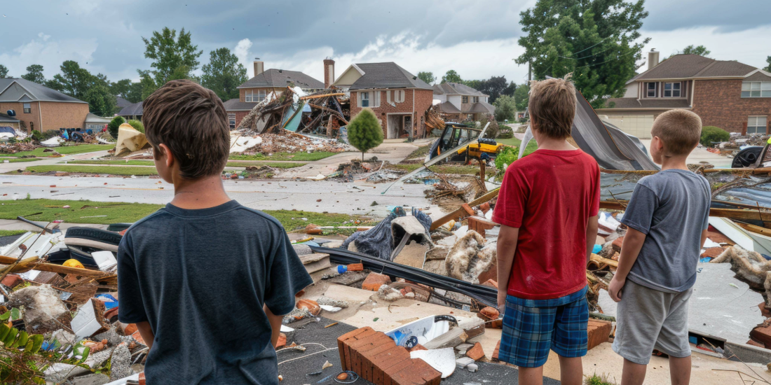 Children staring at storm debris in their neighborhood