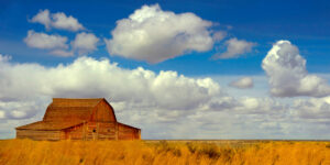 Open field with clouds overhead and a barn in the distance