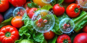 Fresh produce with E coli bacteria overlay in medical illustration style
