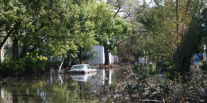 An image of a flooded street and a car floating
