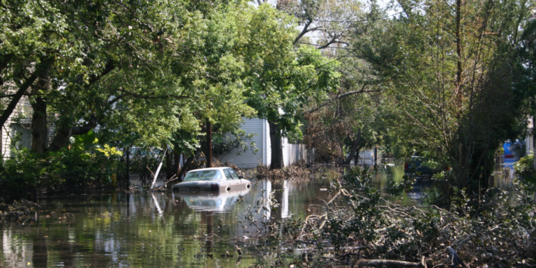An image of a flooded street and a car floating