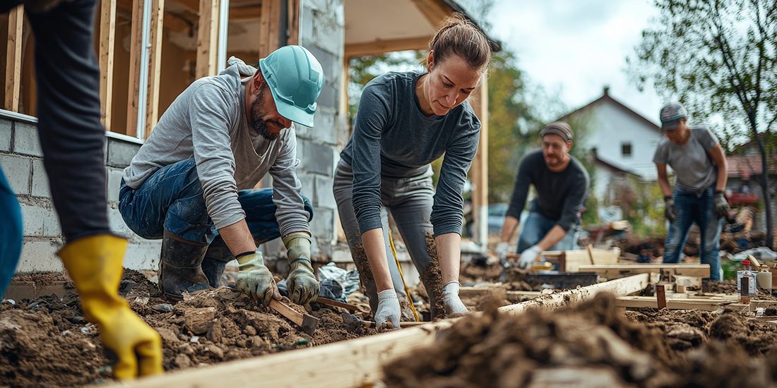 A group of neighbors rebuilding a house after a natural disaster, embodying the spirit of community support