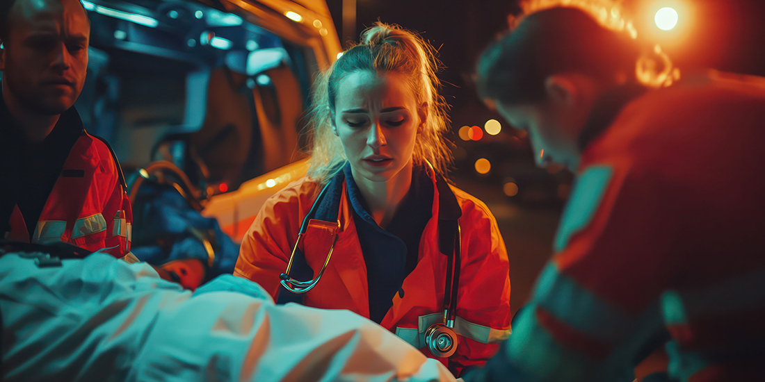 EMT first responders providing trauma care to victims of a major accident, working efficiently under pressure to ensure rapid treatment and evacuation