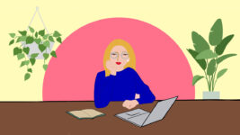 drawing of blond woman sitting at desk with open laptop, plants on both sides