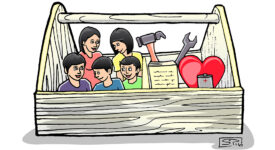 Drawing of a toolbox. Inside the box are five people, a hammer, wrench, book, heart, and water flask