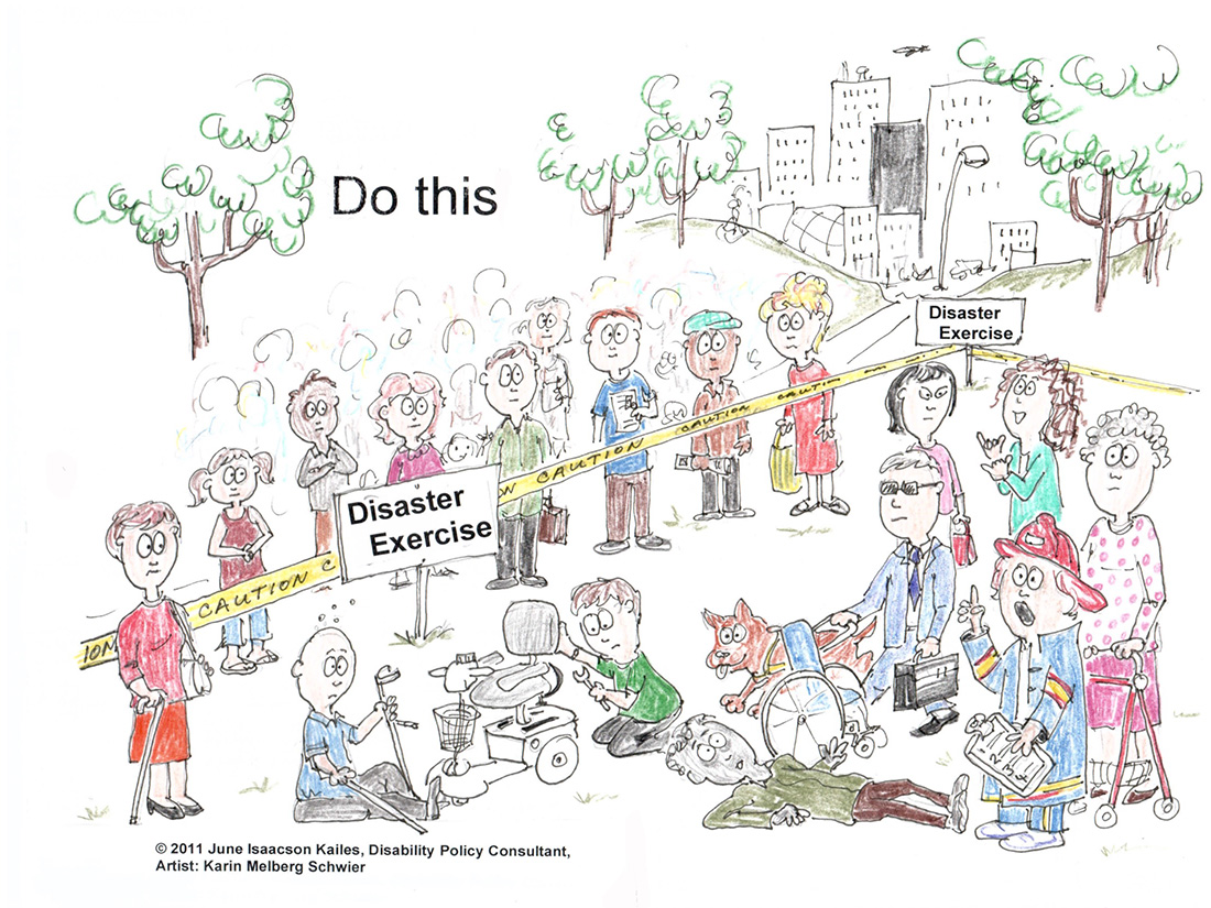 "Do This" written above a drawing of a disaster exercise where people are using a cane, crutches, scooter, wheelchair, walker, dog, and sign language 