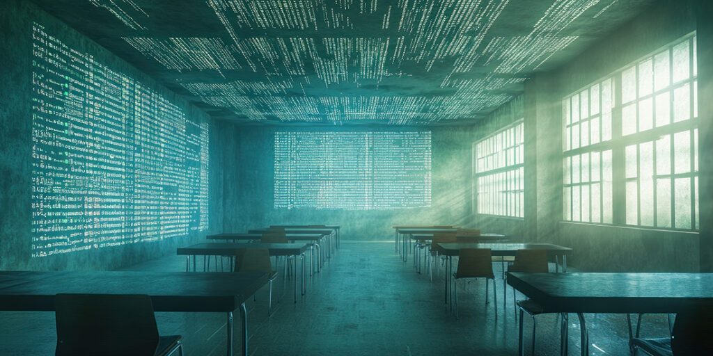An empty classroom with desks and chairs, featuring walls covered in code and sunlight shining through the windows.