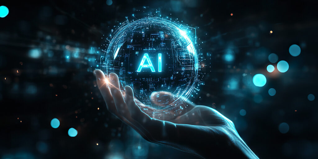 A close-up of a hand gently holding a glowing sphere with the letters AI prominently displayed in the center. The sphere emits a bright blue light, symbolizing the power and potential of artificial intelligence. This image conveys a futuristic vision of AI technology being carefully controlled and harnessed by human innovation.