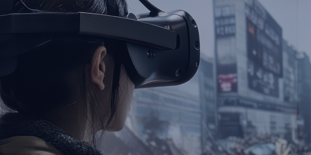 woman wearing virtual reality goggles with a disaster scene