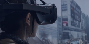 woman wearing virtual reality goggles with a disaster scene