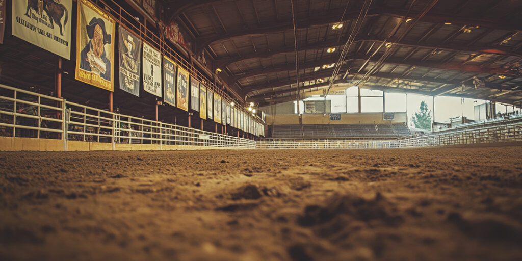 Dirt arena floor with banners in livestock exhibition hall during daylight. The floor of a dirt arena is visible, surrounded by colorful banners hanging on the walls under bright lights.