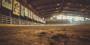 Dirt arena floor with banners in livestock exhibition hall during daylight. The floor of a dirt arena is visible, surrounded by colorful banners hanging on the walls under bright lights.