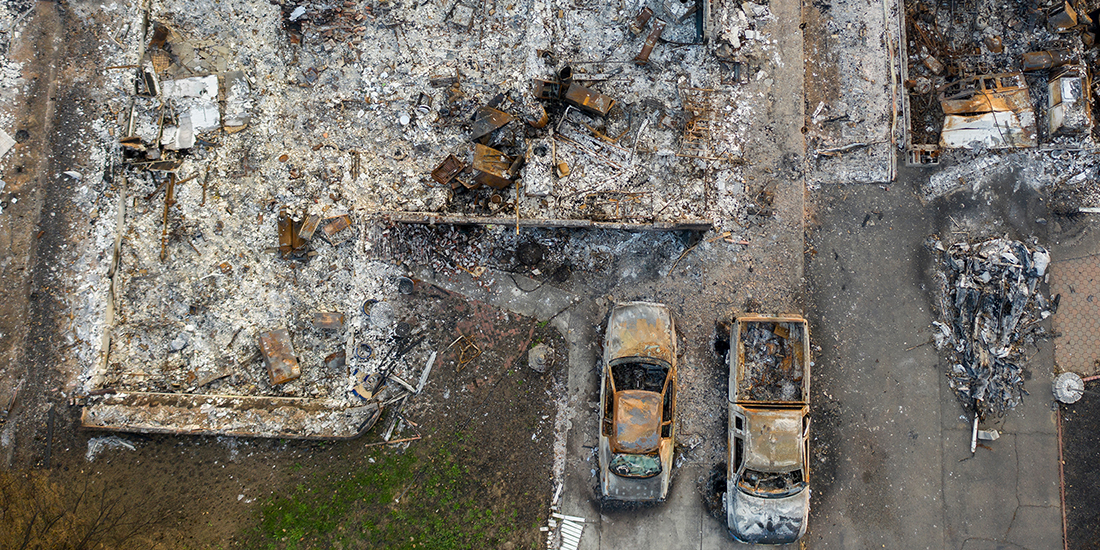 Aerial view of burned down houses from wildfire