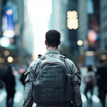 A veteran serviceman walking through a bustling city street, in