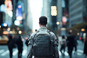 Why Emergency Management Is a Good Career for Transitioning Veterans A veteran serviceman walking through a bustling city street, in