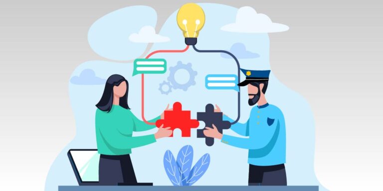 Illustration of woman and police officer sharing puzzle pieces and coming to a single idea