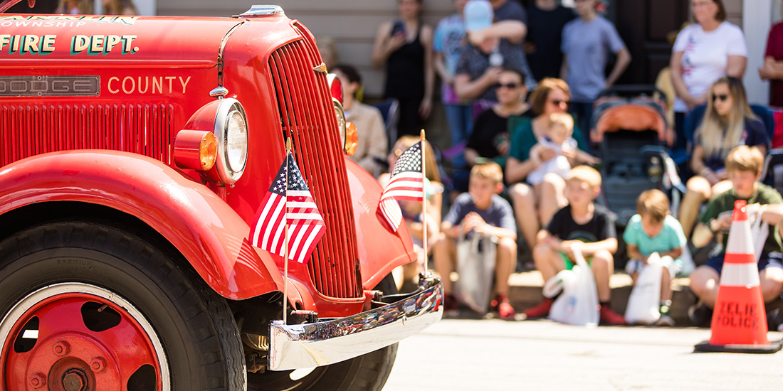 Small Town Fourth of July Parade, Vintage Firetruck with America