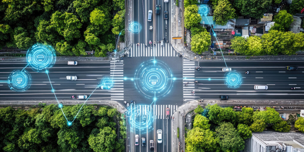 overhead shot of intersection with graphics of electronic points on the road