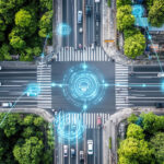overhead shot of intersection with graphics of electronic points on the road