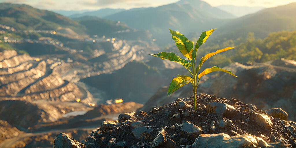 Resilient plant growing on rocky mountain surface demonstrating nature’s persistence amidst sustainable mining practices.