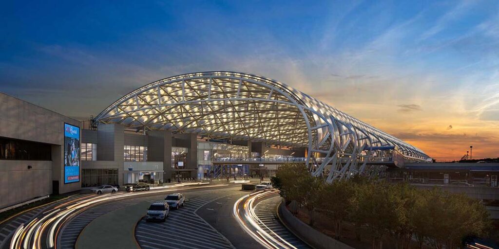 Atlanta airport covered driveway at sunset