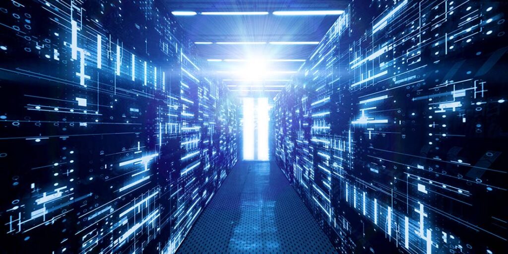 3D Rendering of data center room with abstract data servers