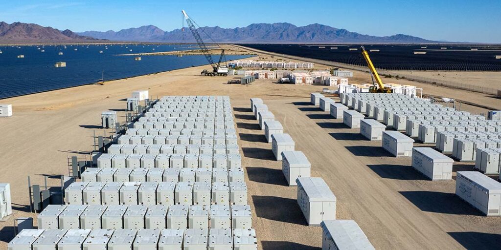 Aerial view of solar power and battery storage units in the dese