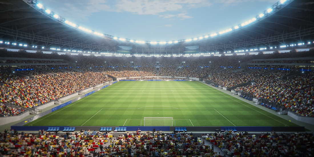 Day View of a Massive Soccer Stadium Filled With Spectators. Are
