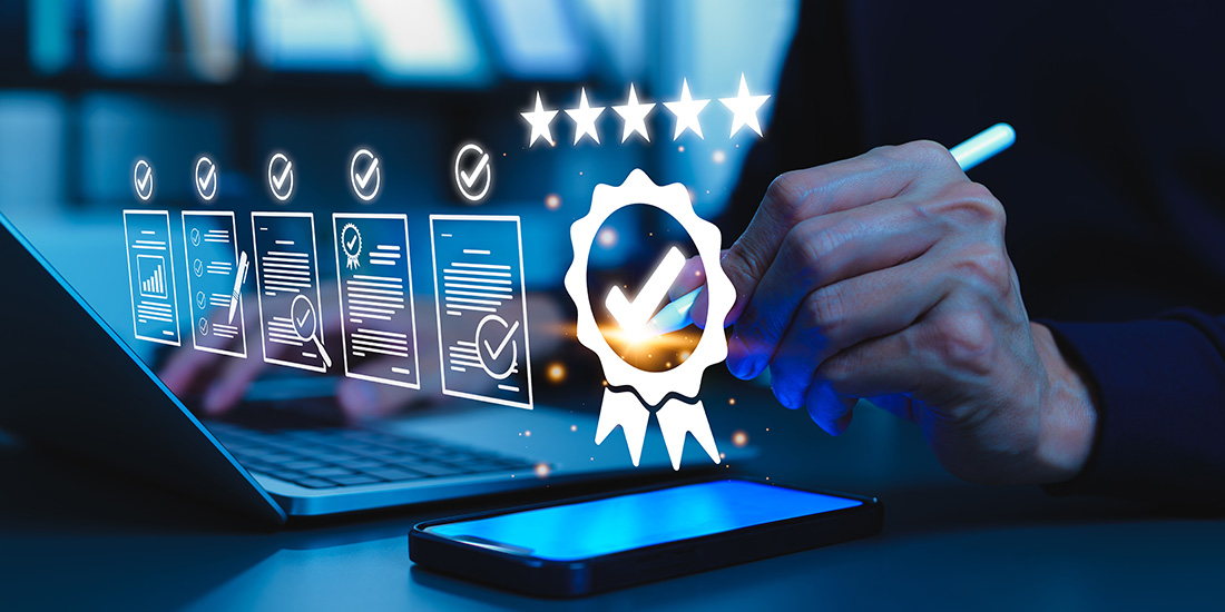 Quality Assurance and Certification Compliance Concept. Businessman using digital interface showing certification badge, quality assurance, standards compliance, and excellence in performance.