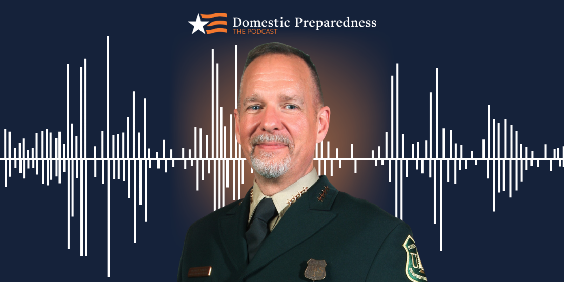 Domestic Preparedness: The Podcast logo above a headshot of Robert Baird with a sound bar image in the background.