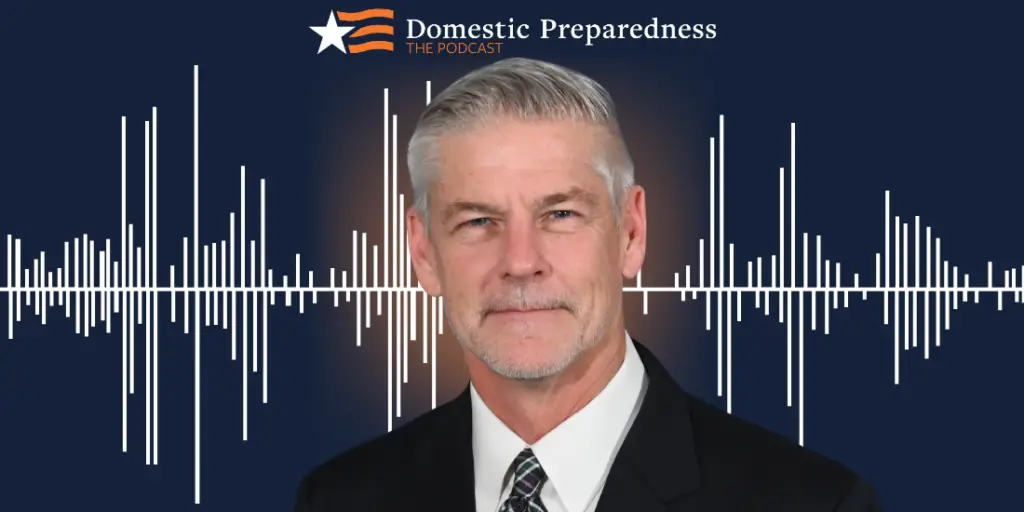 Domestic Preparedness: The Podcast logo above a headshot of Dee McCown with a sound bar image in the background.