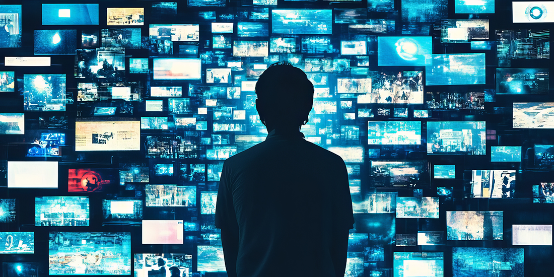 Silhouette of a person standing in front of a large wall of glowing digital screens displaying various images and video content in blue tones, illustrating information overload, media monitoring, or digital communications.