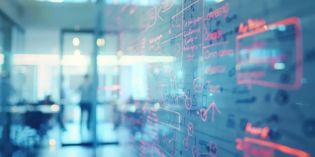 A close-up view of a glass wall in a modern office covered with handwritten notes, diagrams, flowcharts, and arrows in pink and blue marker. The writing is in sharp focus on the right side of the image, while the background is blurred, showing a person standing near a conference room or workspace. Cool blue lighting and reflections create a collaborative, technology-focused atmosphere.