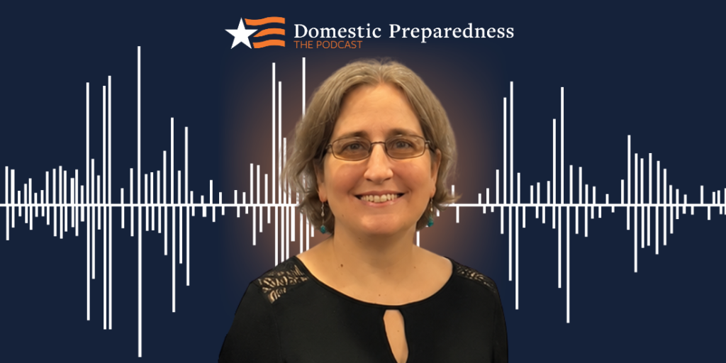 "Domestic Preparedness: The Podcast logo above a headshot of Joanne Culin with a sound bar image in the background.
