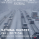 Four lanes of traffic on a snow-covered highway. A tractor-trailer and two cars are stopped on the side of the road as the snow continues to fall.