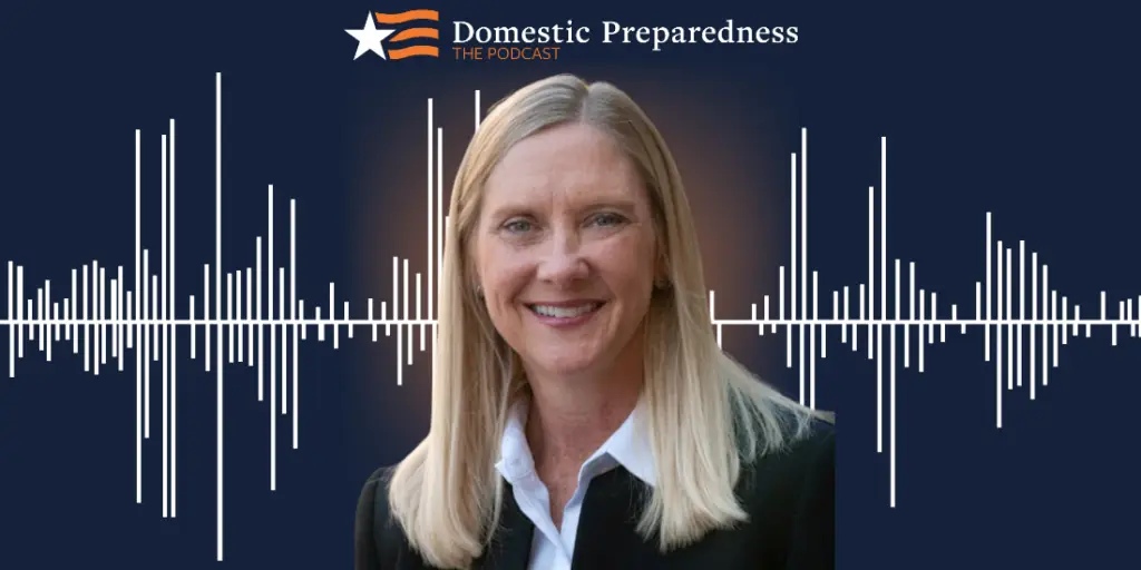 Domestic Preparedness: The Podcast logo above a headshot of Rebecca Jowers with a sound bar image in the background.