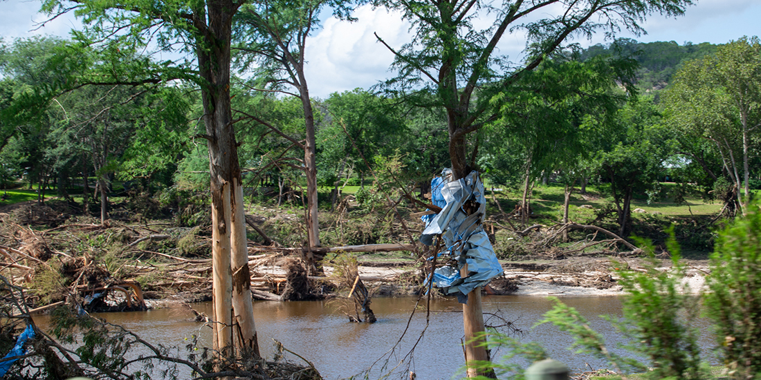 Flood debris is scattered along a riverbank, with damaged trees, uprooted vegetation, and branches piled near and within the water. A large piece of twisted metal is wrapped around the trunk of a tree in the foreground. Dense green trees and a wooded landscape are visible in the background under a partly cloudy sky, illustrating the aftermath of significant flooding.