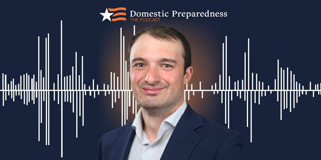 Domestic Preparedness: The Podcast logo above a headshot of Garett Slater with a sound bar image in the background.