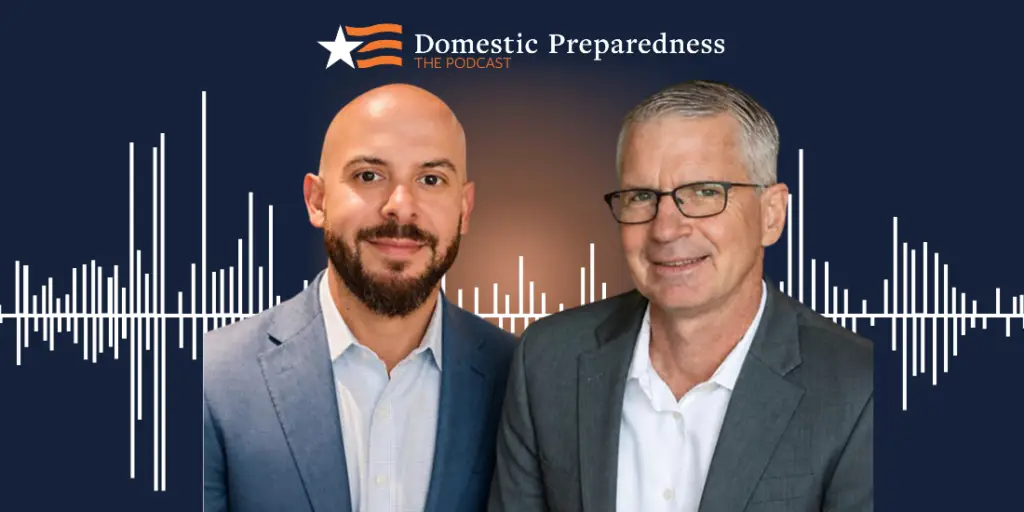 Domestic Preparedness: The Podcast logo above a headshot of Herschel Sova and David Brosette with a sound bar image in the background.